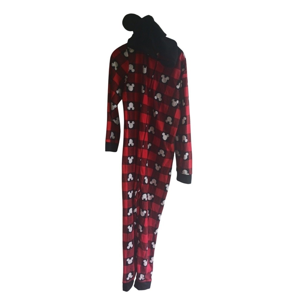 Disney 100 Mickey Mouse Hooded 1‎ Piece Pajamas M Buffalo Plaid Unisex Sleepwear